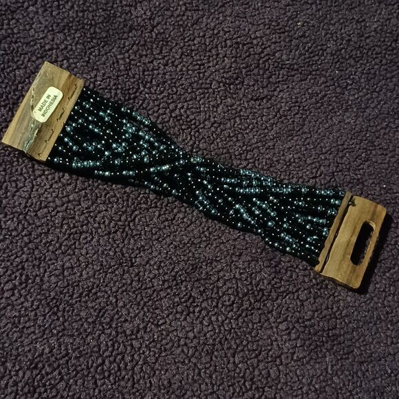 Vintage Multi-Strand Braided Bead Bracelet w/Wooden Hook Clasp - Picture 2 of 3